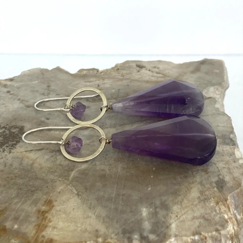 Deb Guyot Sterling Silver 925 Chunky Faceted Teardrop Amethyst Dangle Earrings